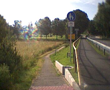 Parallel zum Niddauferweg führender Weg, für den vermutlich das Verkehrsschild gilt; in Richtung Gronau gesehen